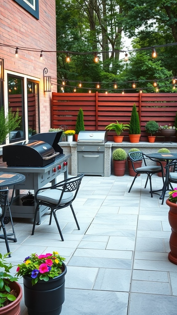 An inviting outdoor barbecue zone with a grill, seating area, and decorative lighting.